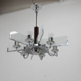 Art Deco Chandelier Made of Chrome, Wood and Sandblasted Glass, 1940s