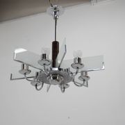 Art Deco Chandelier Made of Chrome, Wood and Sandblasted Glass, 1940s