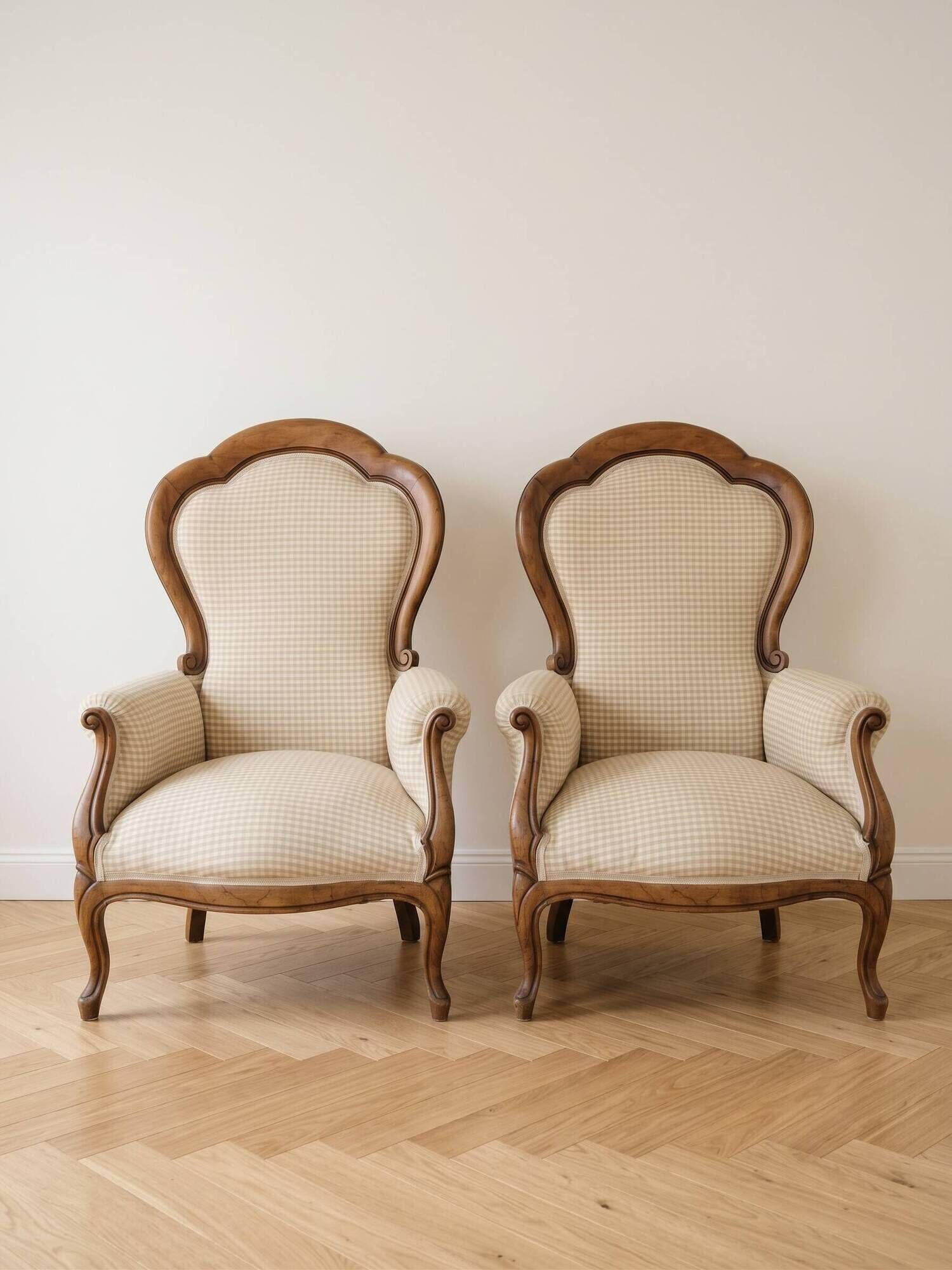 Pair of Voltaire armchairs in wood and gingham fabric.