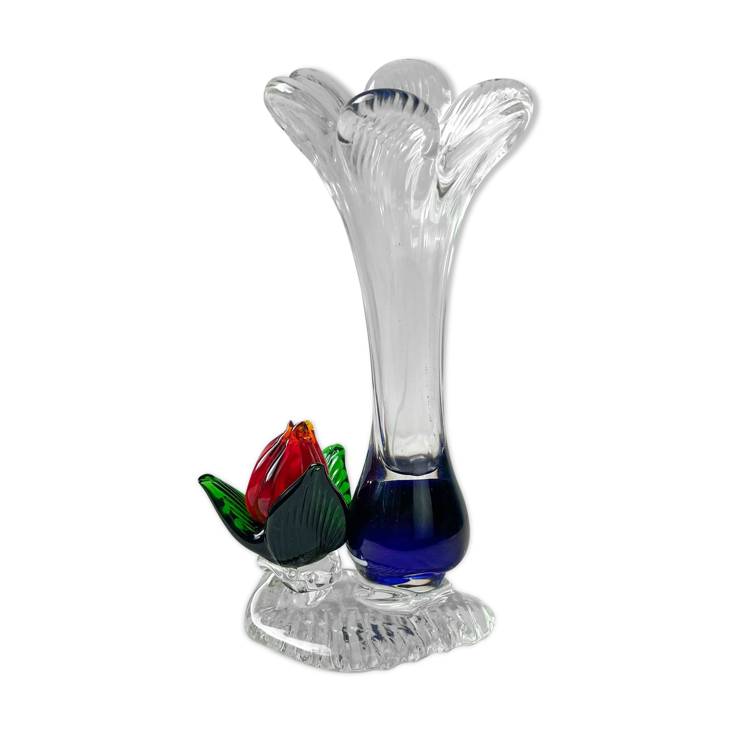 Blue red Murano glass vase with blown flower