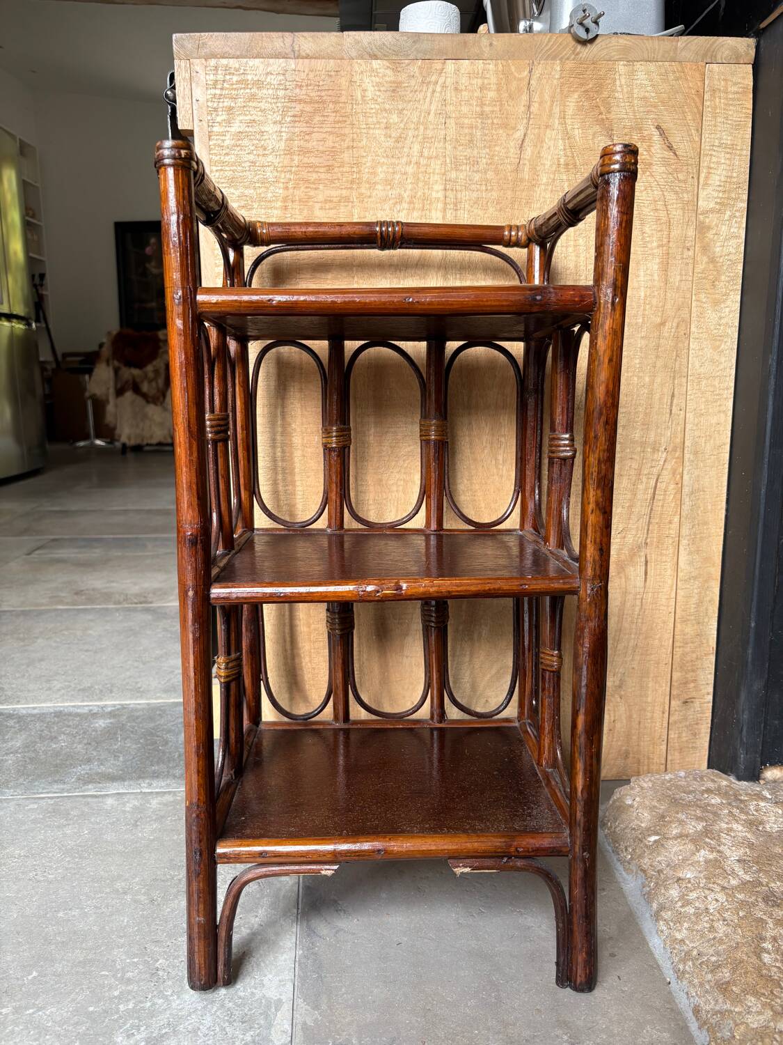 Dark brown 70s bamboo and cane shelf on legs