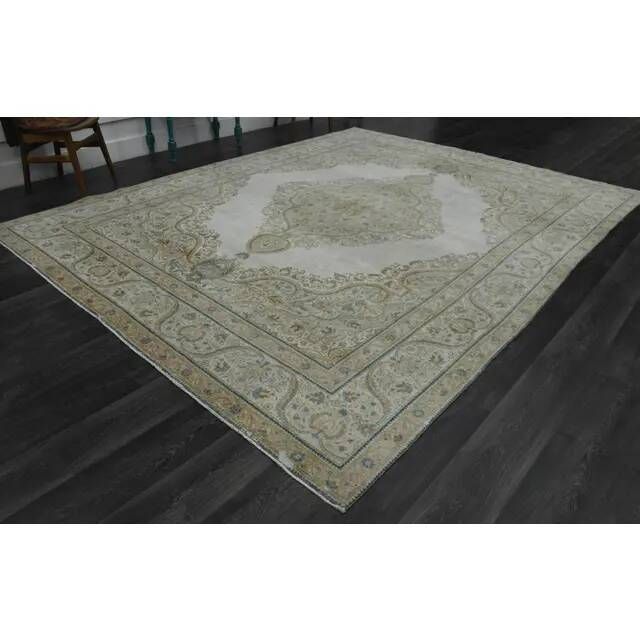 1970s Vintage Persian Handmade Wool Cotton Beige Area Rug 284x374