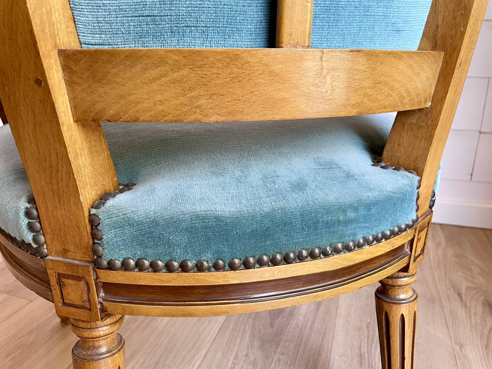 Pair of Louis XVI vintage cabriolet armchairs in duck blue velvet and wood.