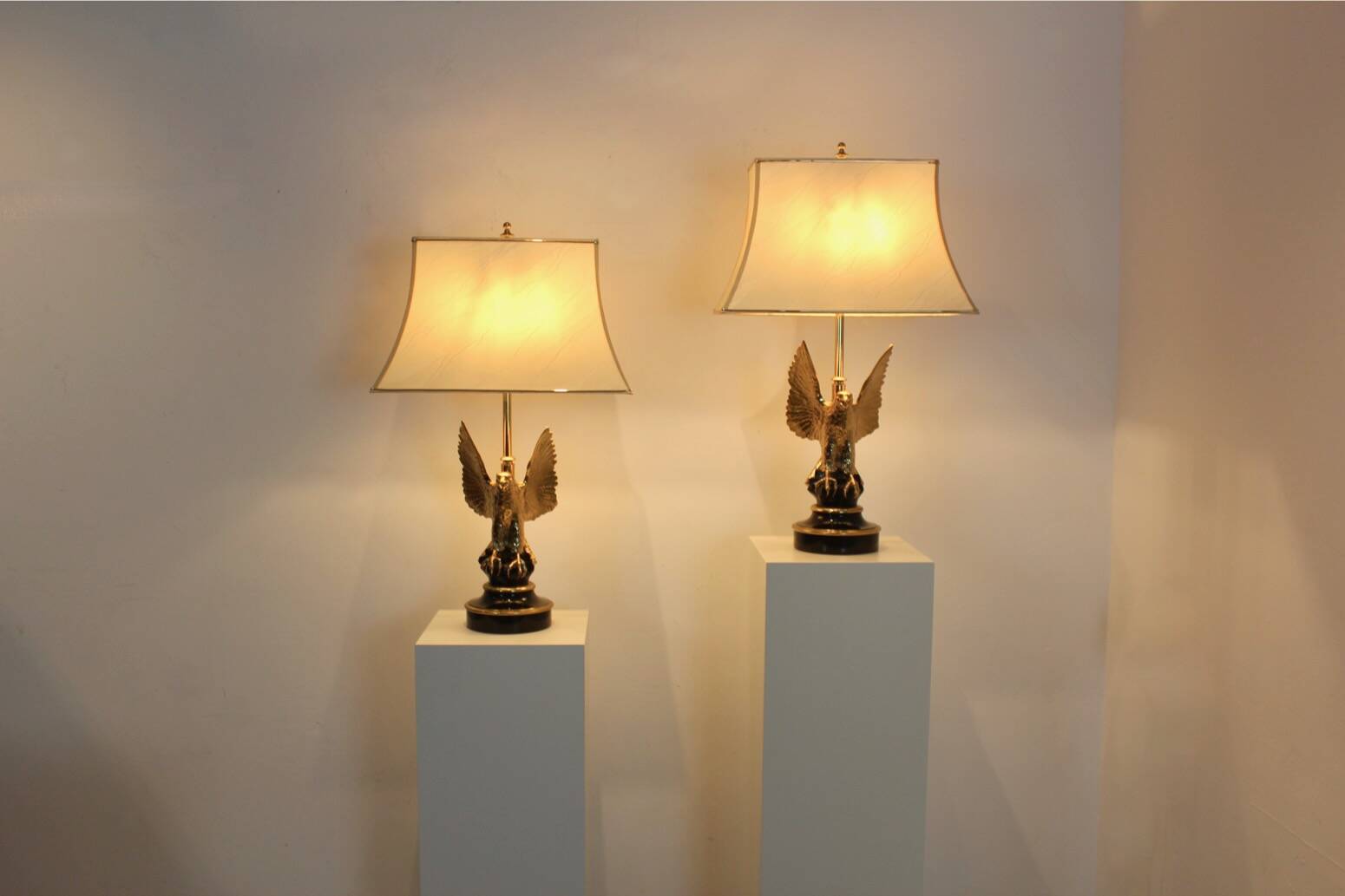 Pair of large Belgian brass carved eagle table lamps
