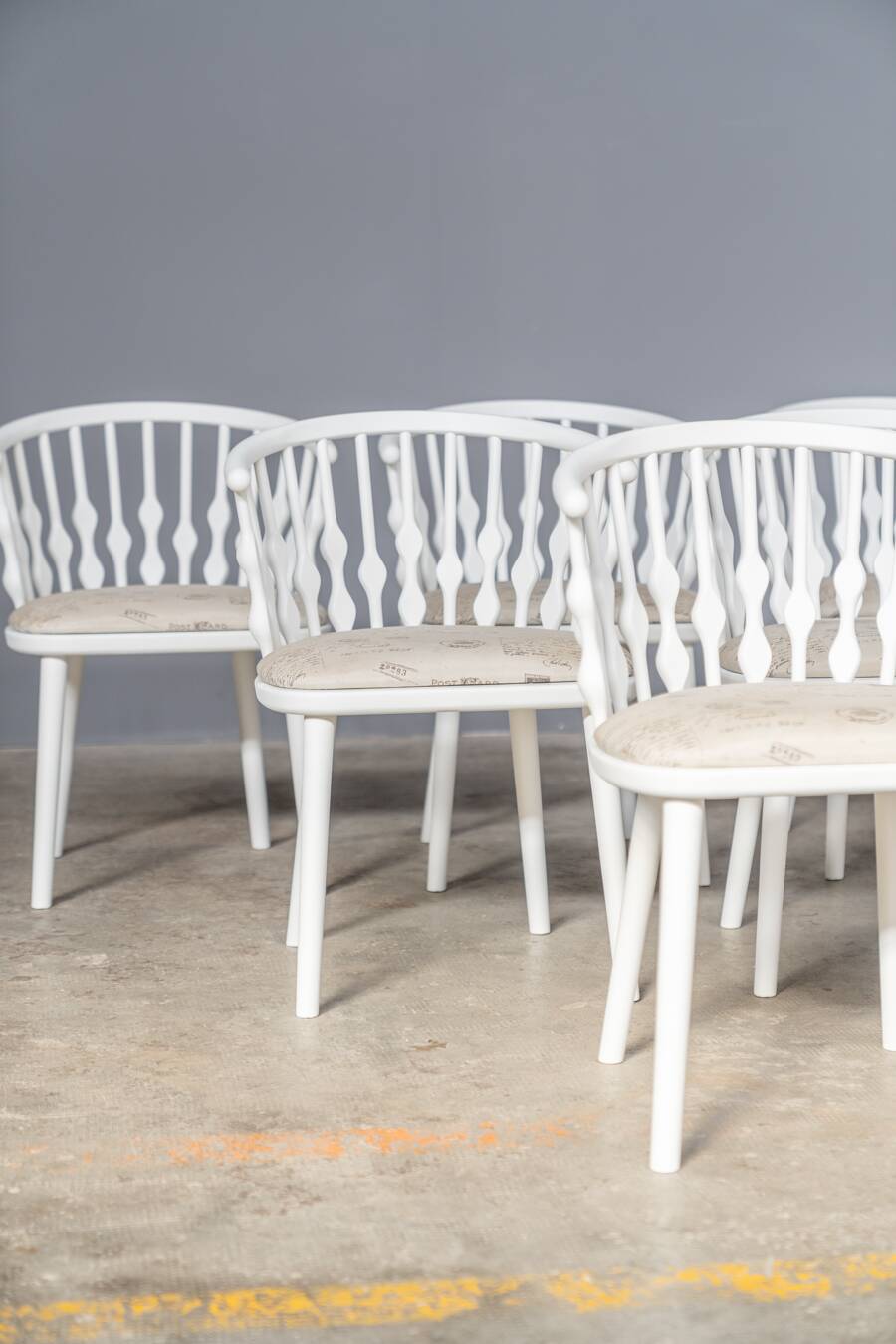 Matte white painted beech chair with upholstered seat in fabric 1970