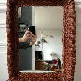 Large rattan mirror and dark wood 60s 36x50cm