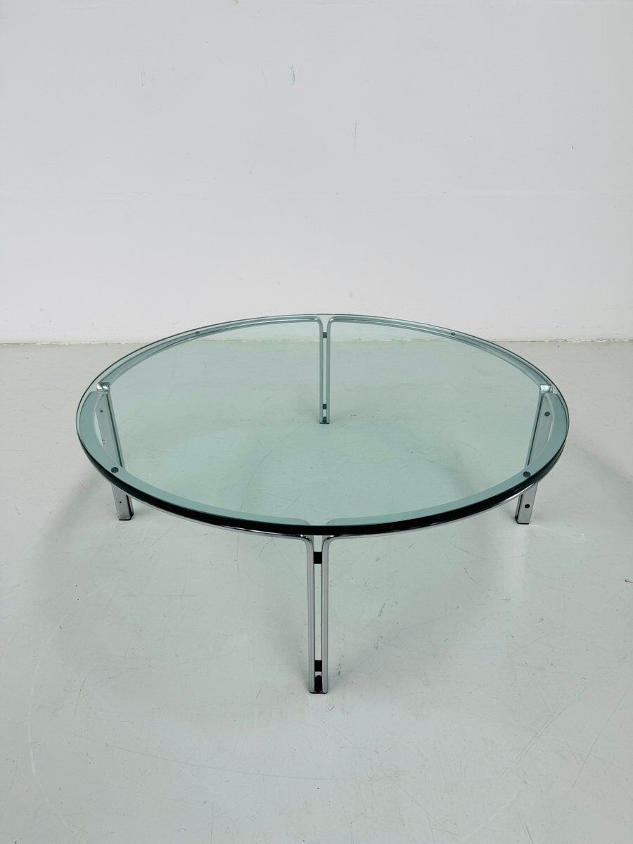 Vintage round glass & steel coffee table by Horst Brüning for Kill International, 1960s