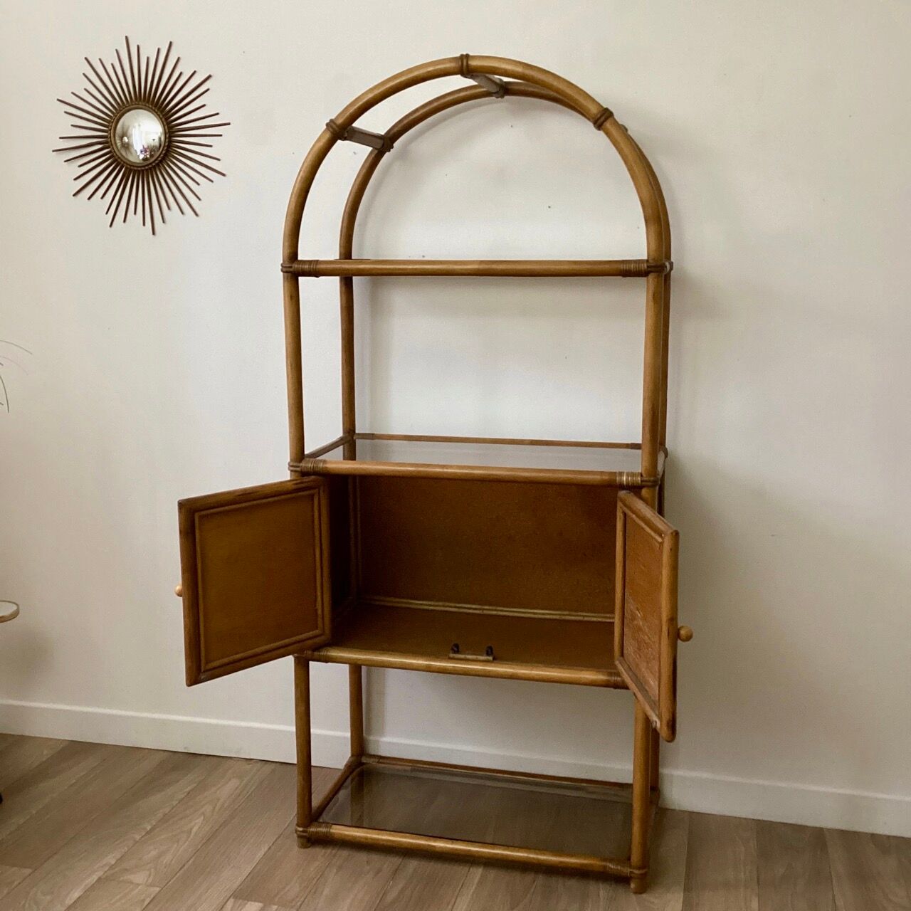 Bamboo shelf and smoked glass