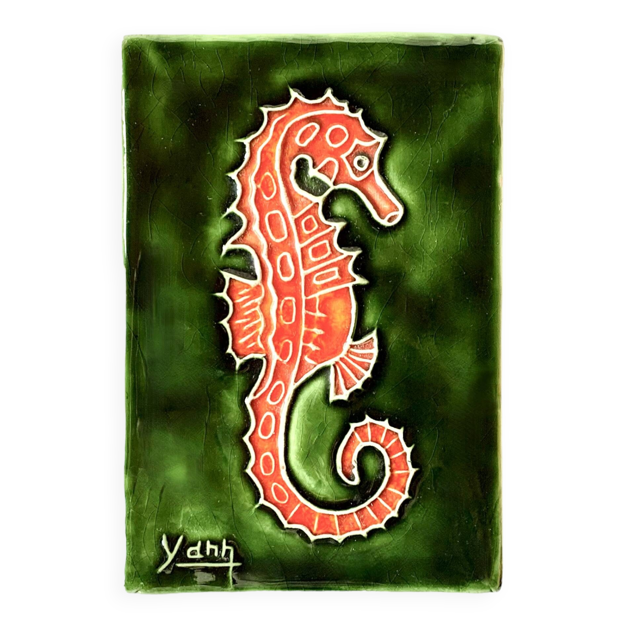 Small glazed ceramic seahorse wall plaque - key ring