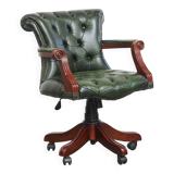 Green Cowhide Leather Chesterfield Office Chair on Wheels