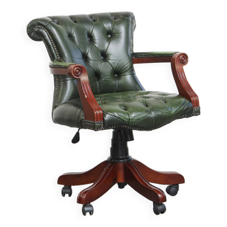 Green Cowhide Leather Chesterfield Office Chair on Wheels