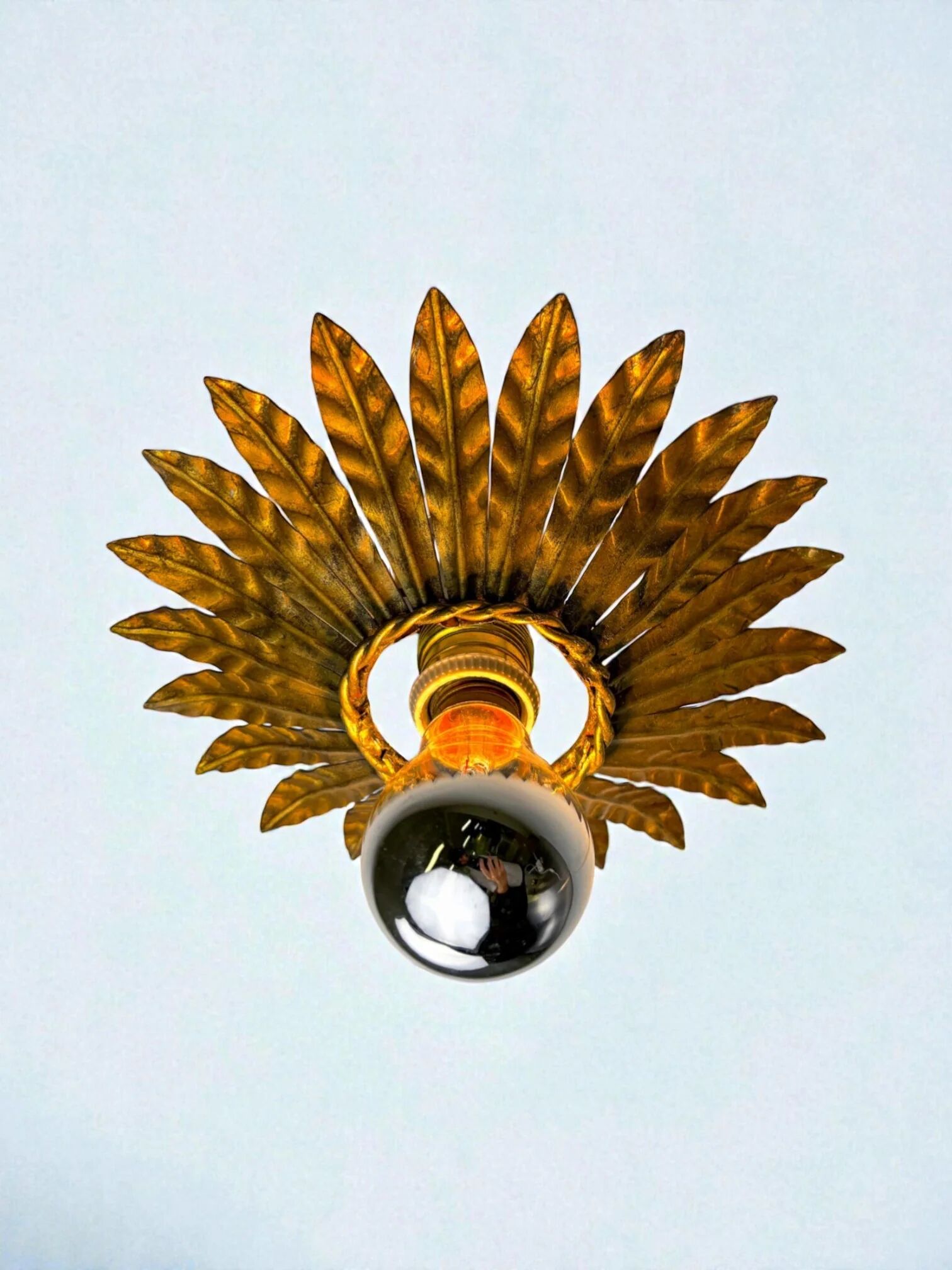 Spanish sunburst flush mount light fixture in gilt iron, circa 1960s