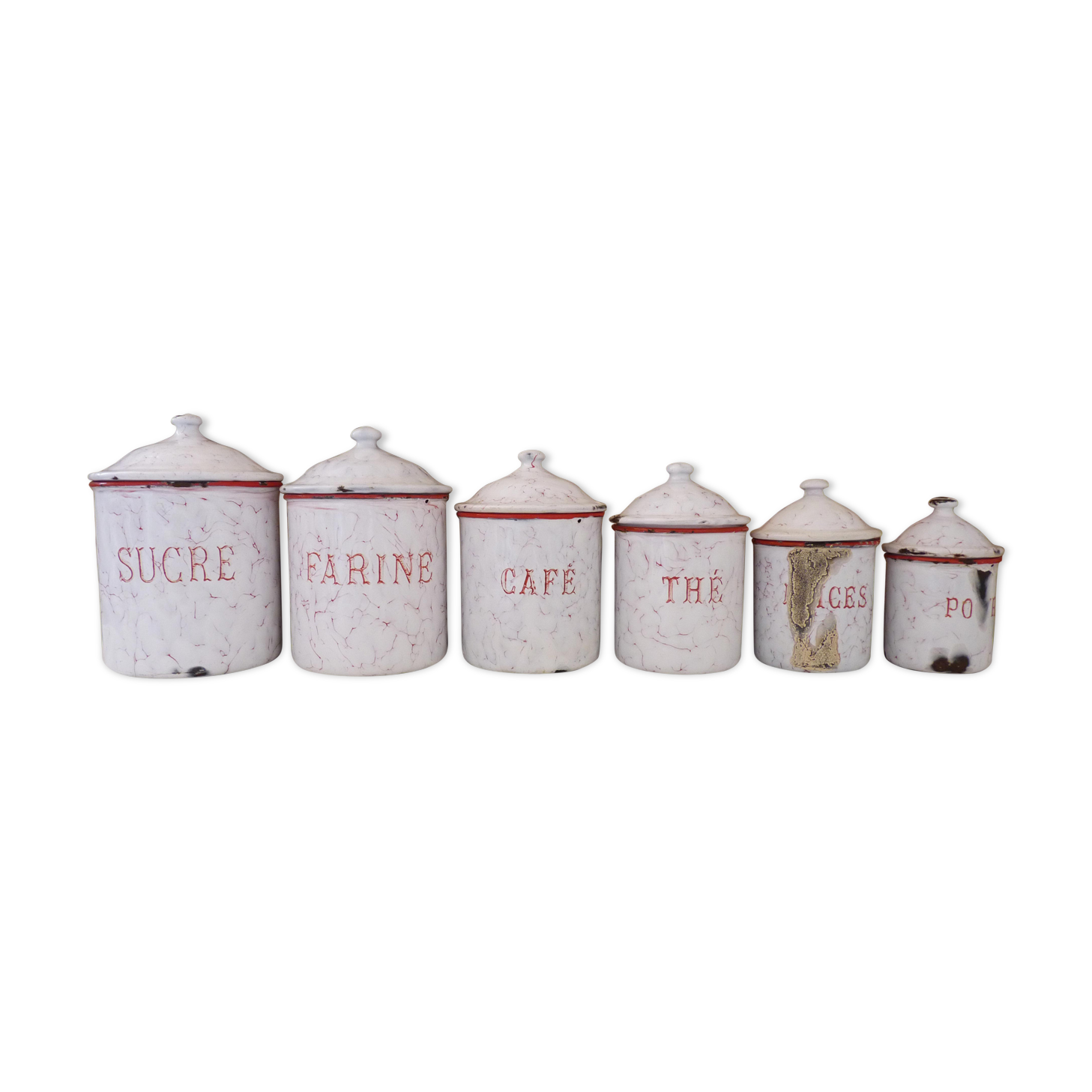 Series of 6 spice pots in white and red enamel for cooking
