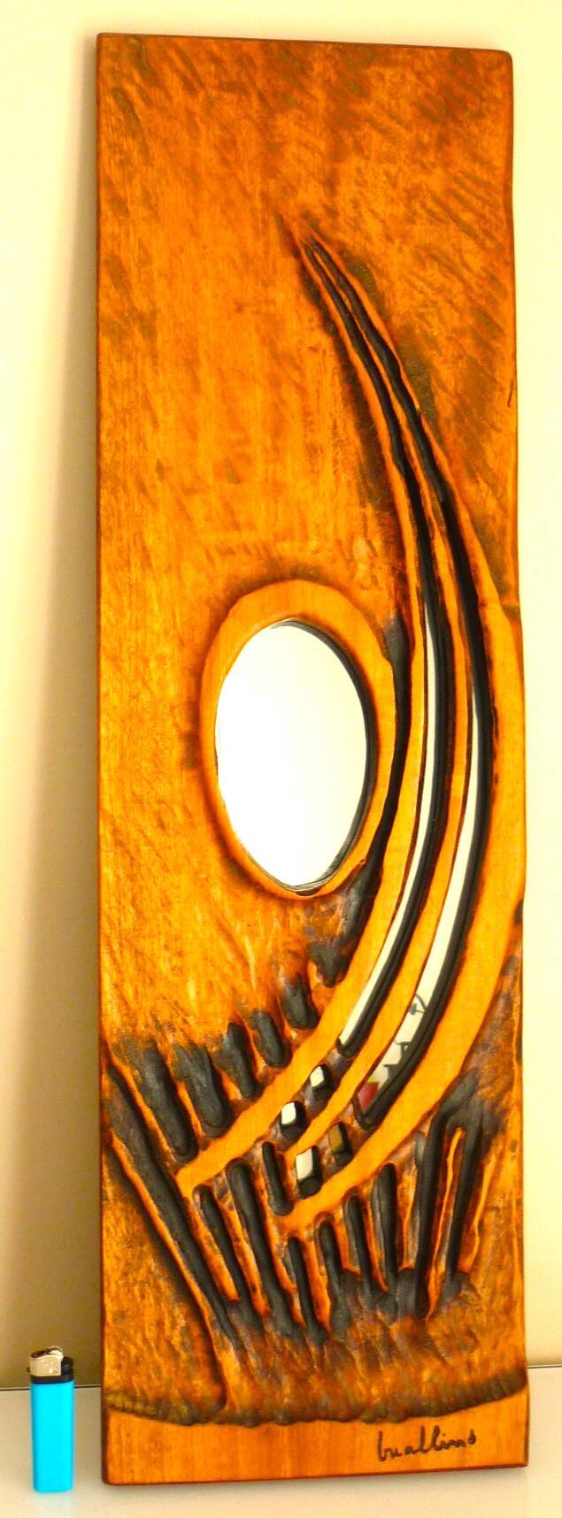 Carved wooden mirror, signed P. Guallino, "le passage", brutalist design from the 80s