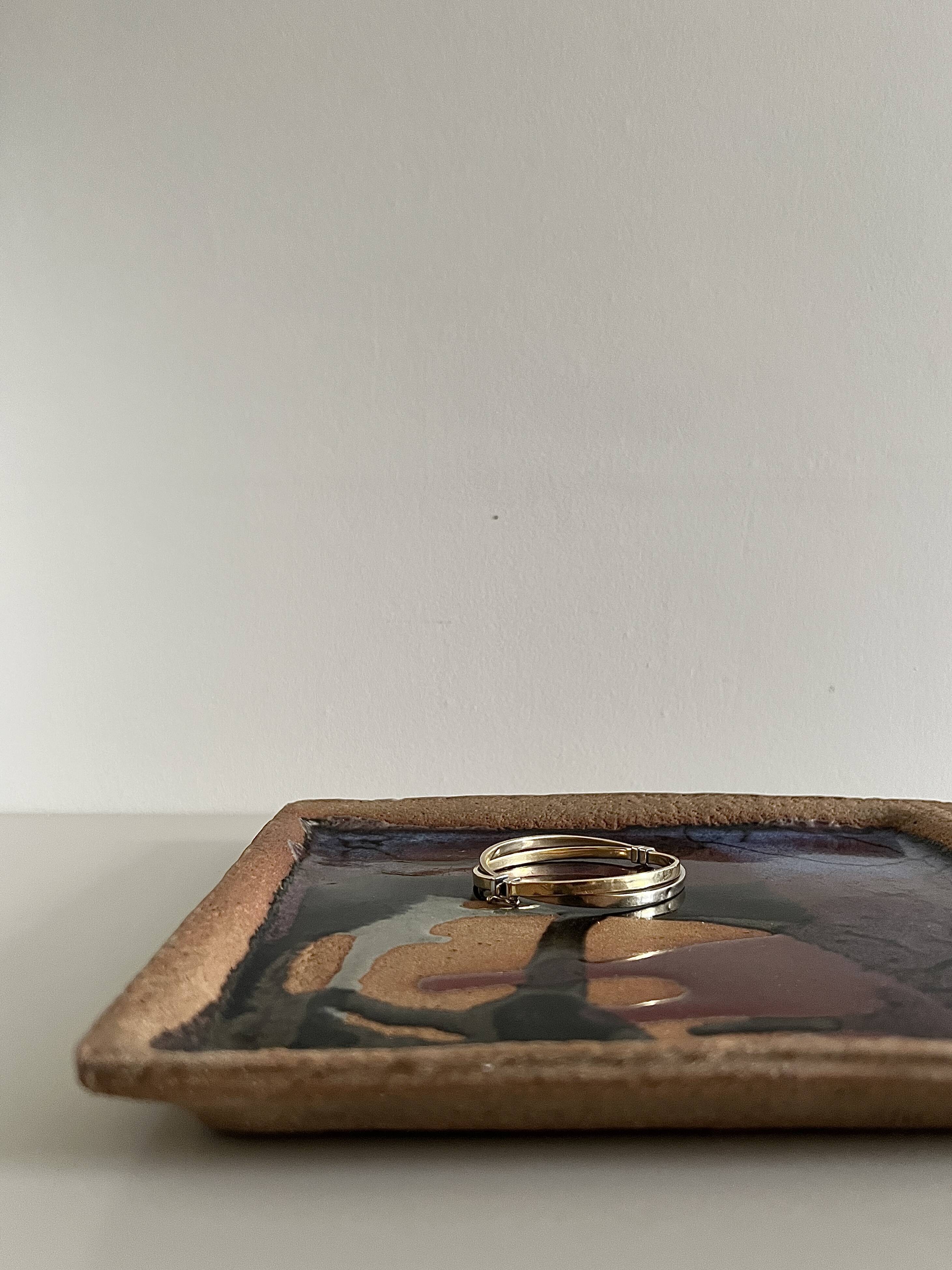 Square trinket dish in glazed ceramic, signed by F. Baudet, France 1970