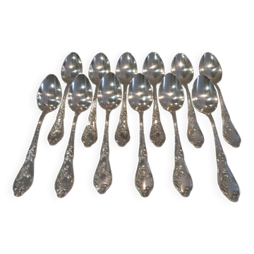 12 silver plated soup spoons by Boulenger, Art Nouveau Chardons