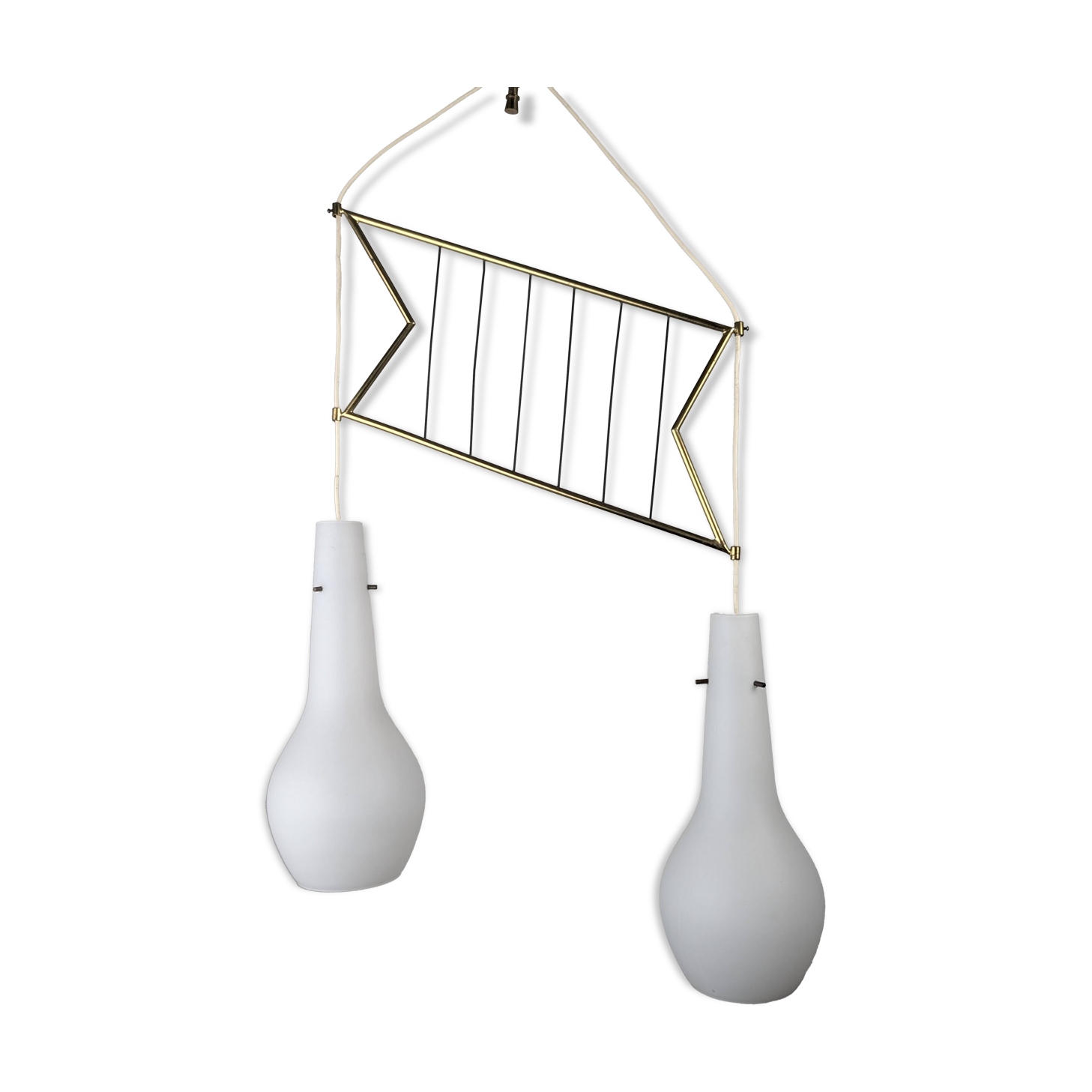 Italian Pendant Lamp with Opaline Shades & Brass, Stilnovo Style, 1950s