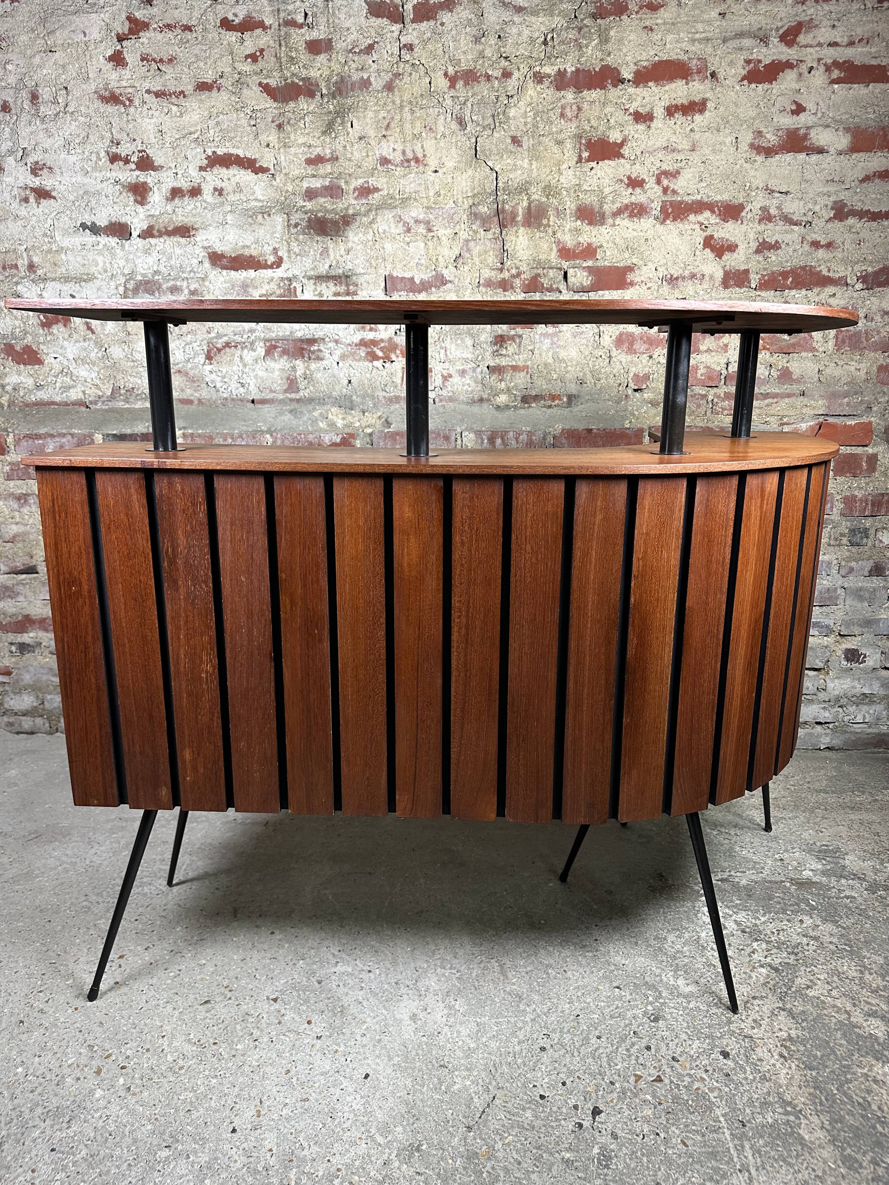 Cocktail bar in teak and metal and its 2 vintage stools 1950'S
