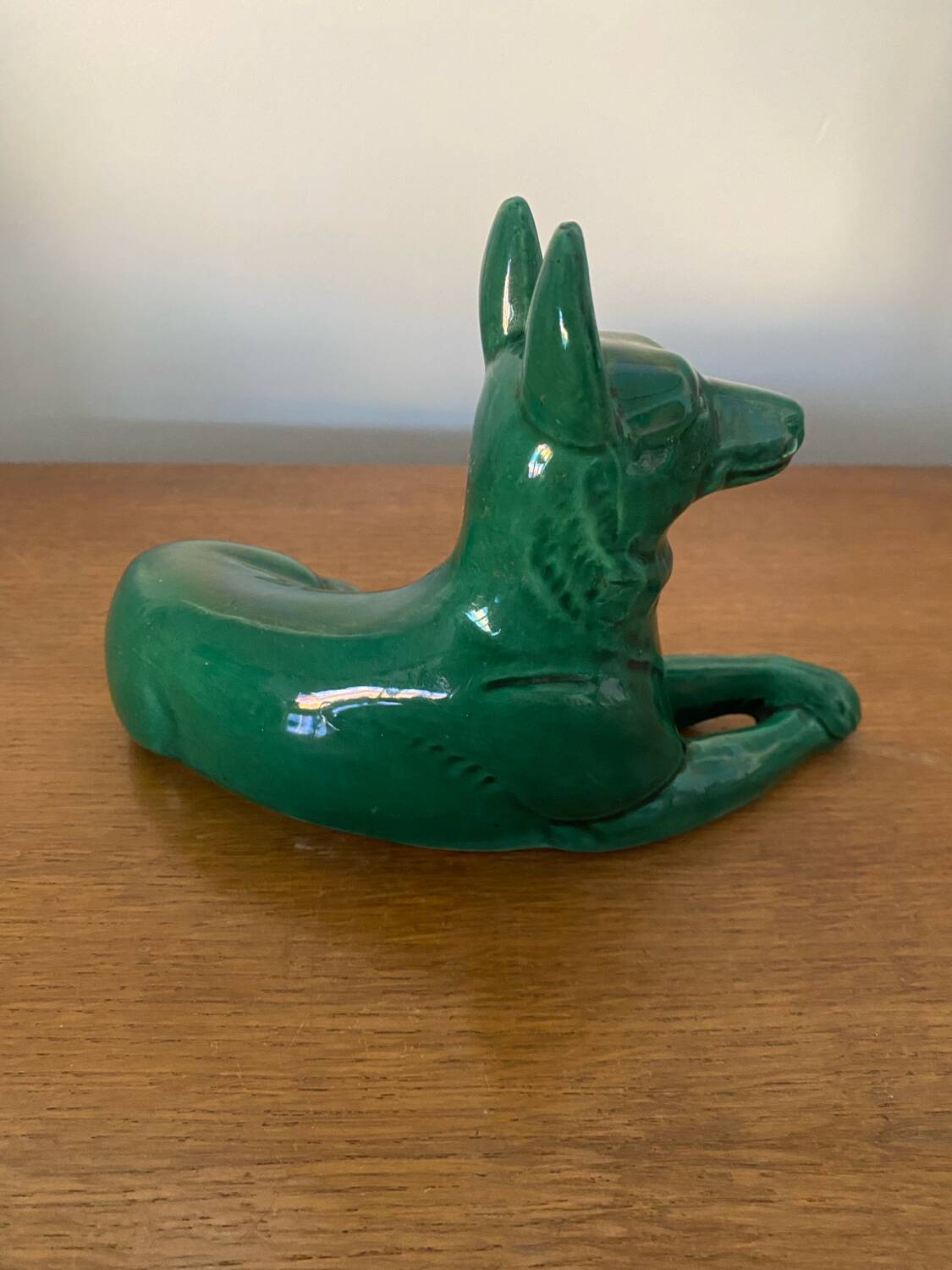 Antique St Clement German Shepherd Dog Sculpture Green Ceramic #C134