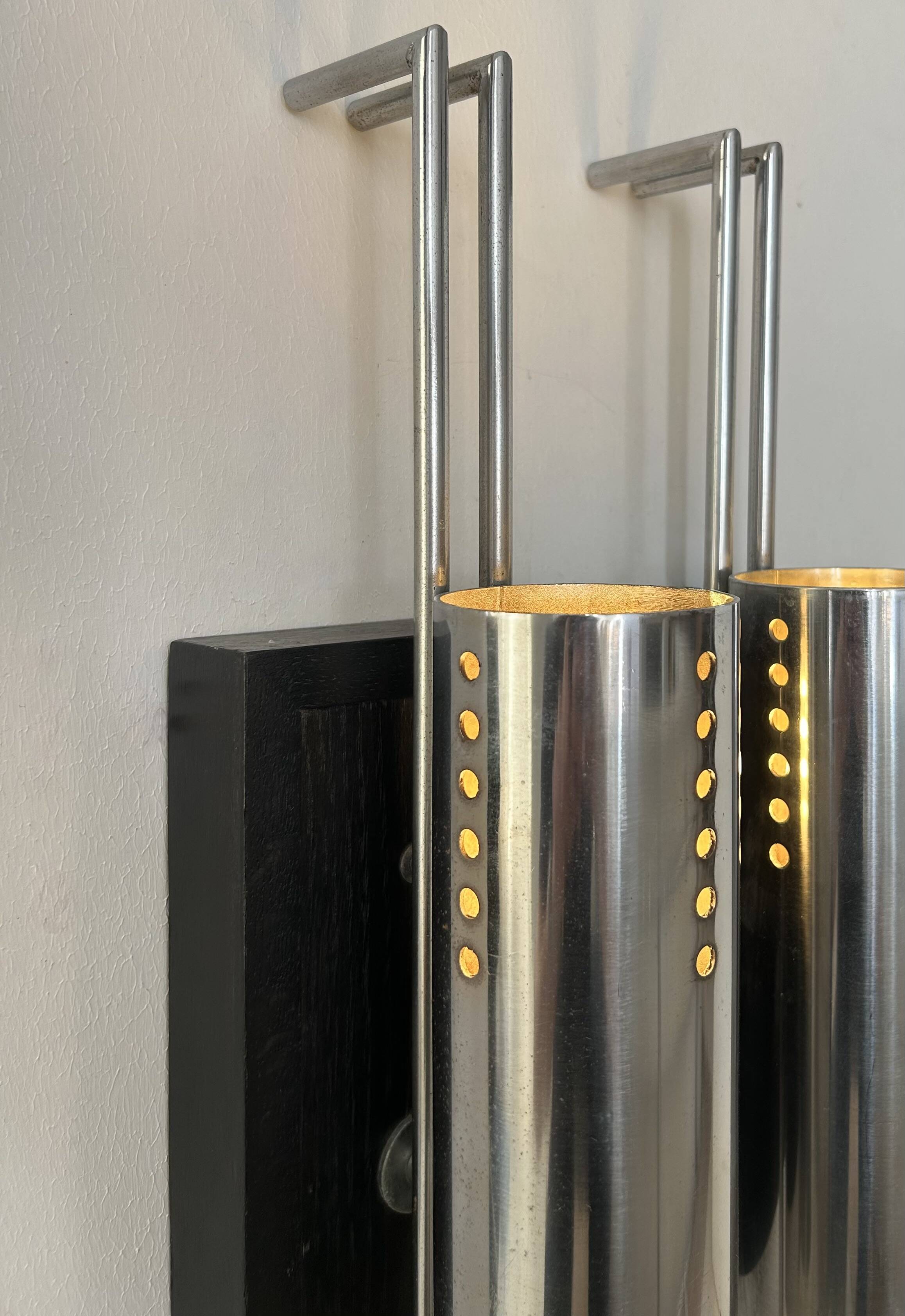 Pair of vintage wall lights, chrome-plated metal and blackened oak, France, 1970