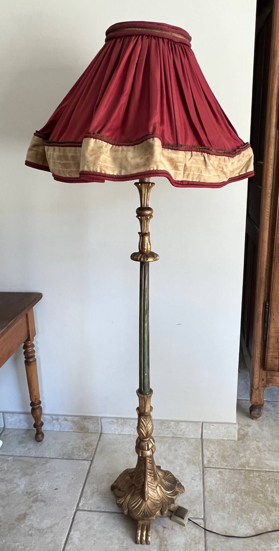 Late 19th century Art Nouveau wooden and gilded stucco floor lamp with fabric lampshade