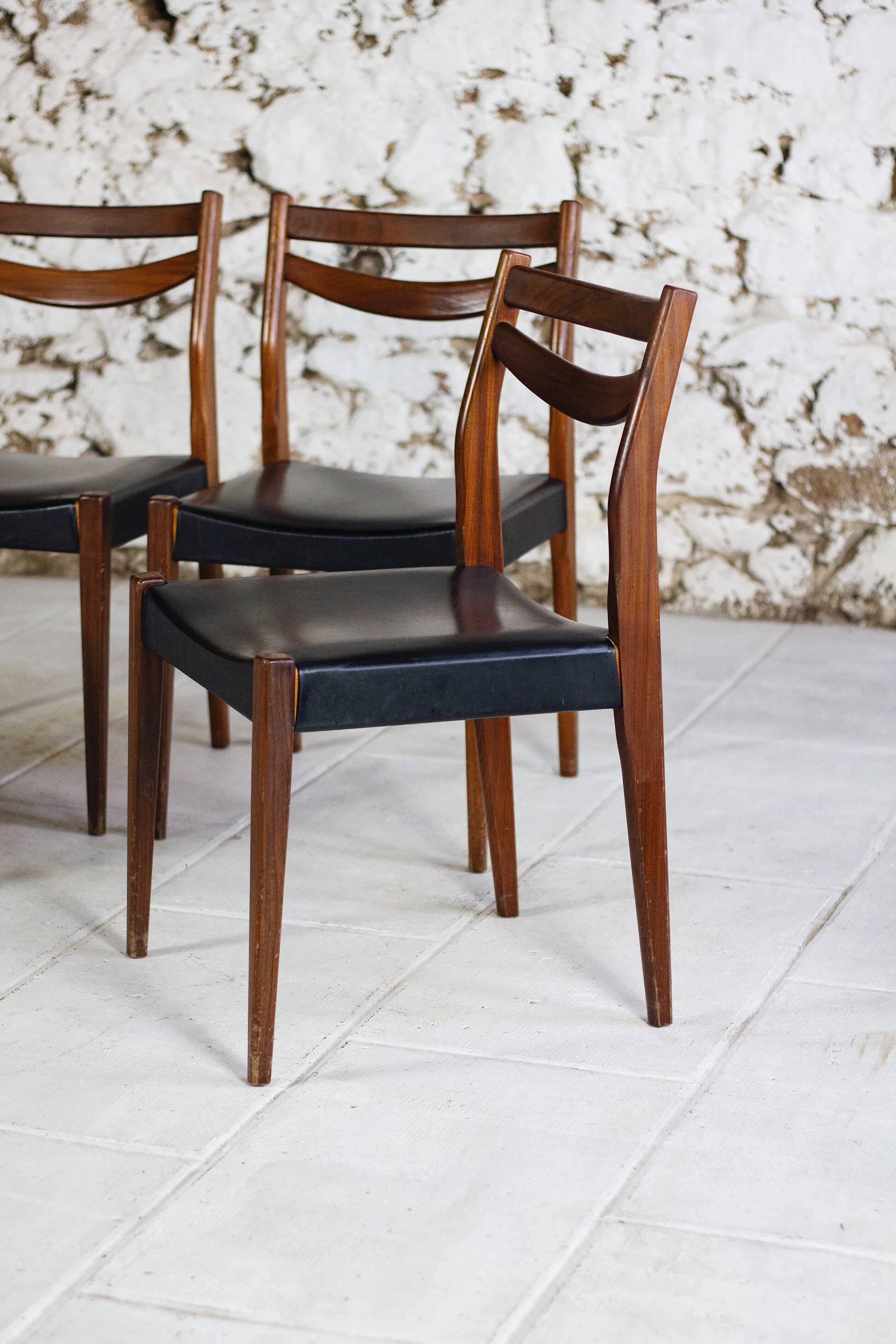4 vintage Scandinavian chairs in teak and imitation leather, 1960