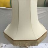 Lampe céramique Moustiers & socle bois avec abat-jour tissu beige vintage