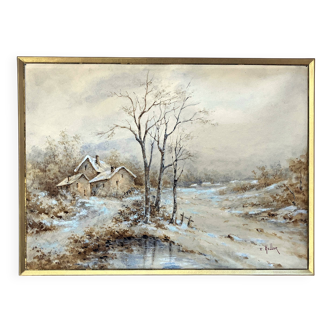 Watercolor painting by Eduard Heller (born in 1852) "Snowy Landscape"