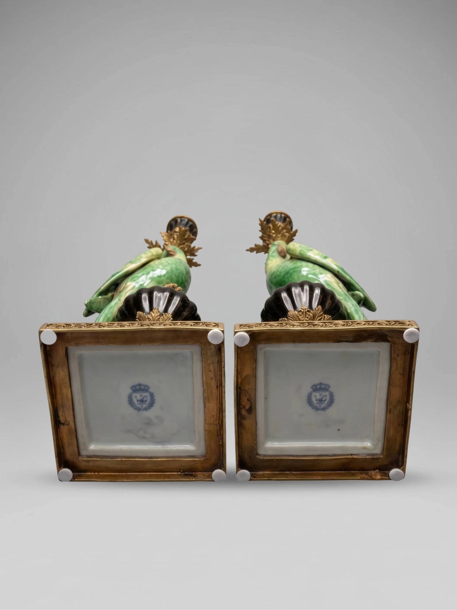 Pair of parrot candlesticks in porcelain and gilded bronze – Louis XVI style – 47 cm