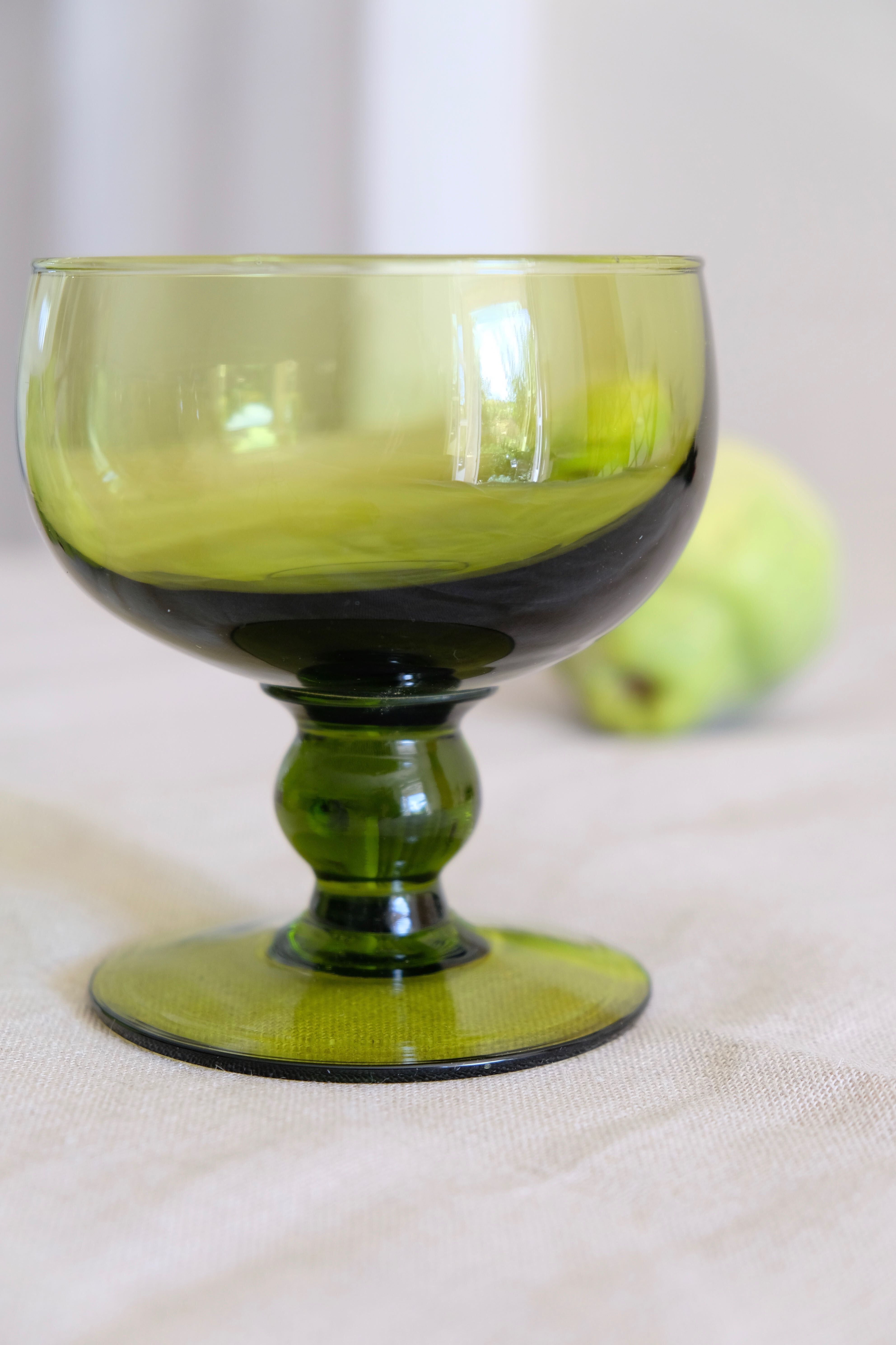 Set of 12 olive green wine glasses, mouth soufflé from the 50s