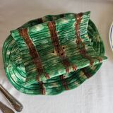 Dish and Asparagus Drainer in Green Barbotine Earthenware