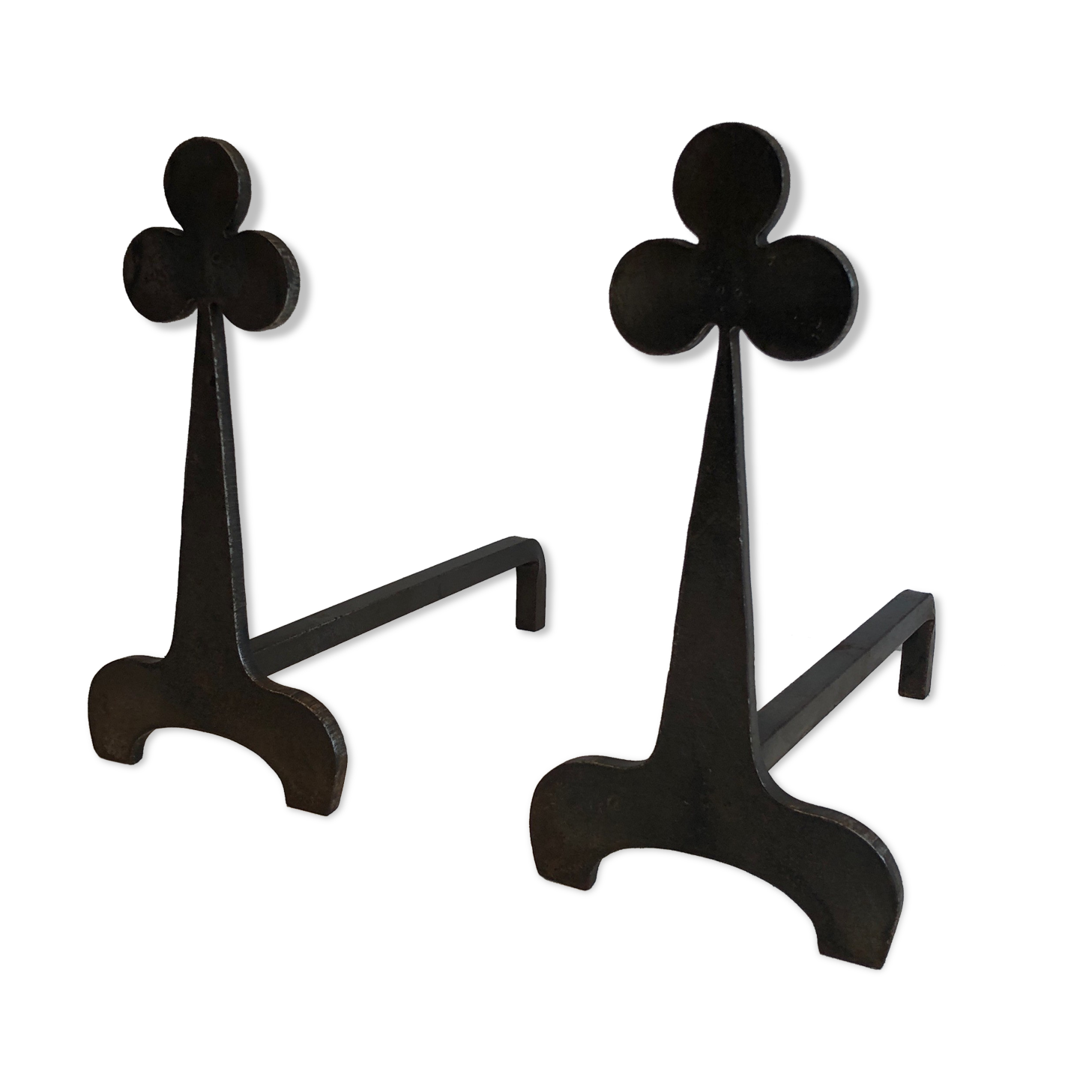 Pair of wrought steel and iron chenets with clover decorations 1950
