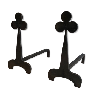 Pair of wrought steel and iron chenets with clover decorations 1950