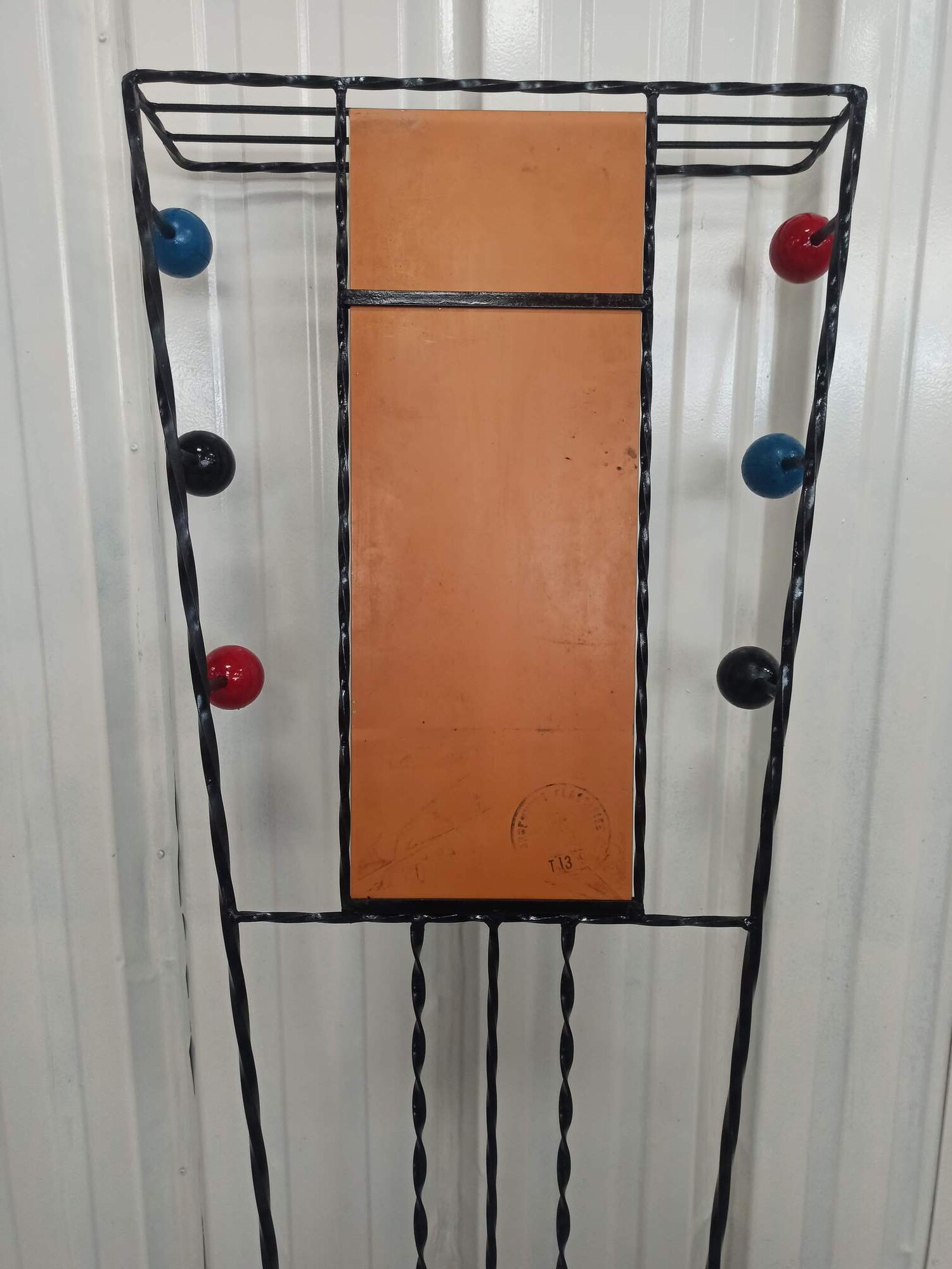 Iron cloakroom wall-mounted port multicolored balls mirror door umbrellas hats circa 50