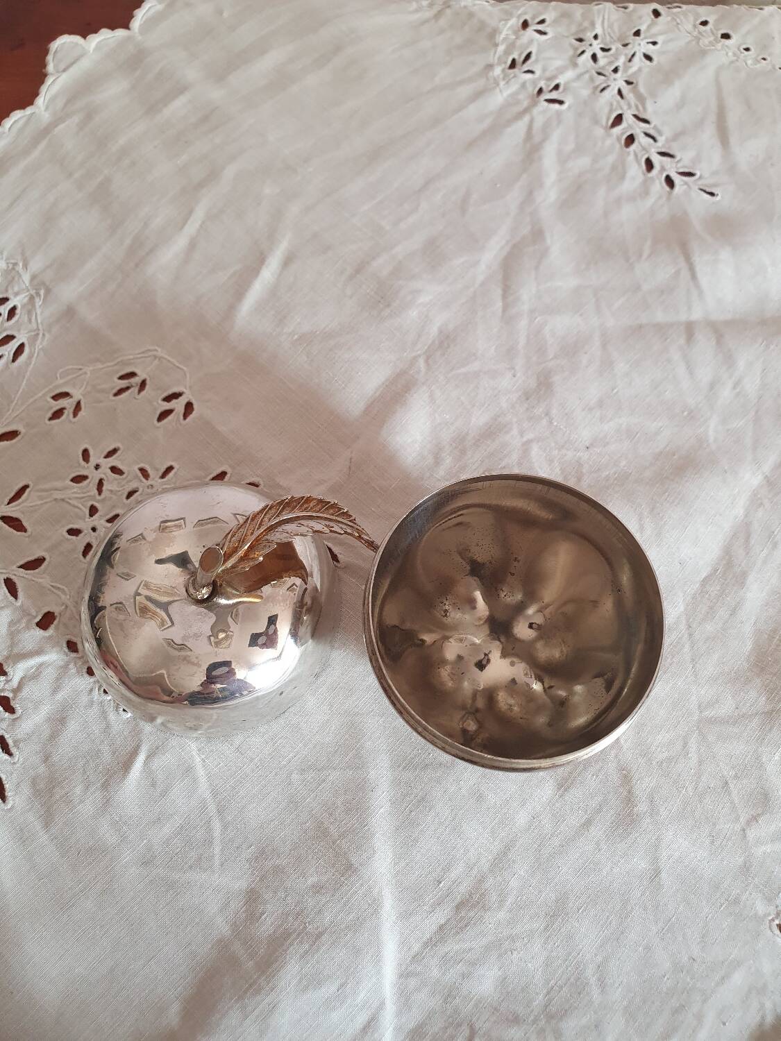 Vintage hollywood regency style apple shaped silver metal box