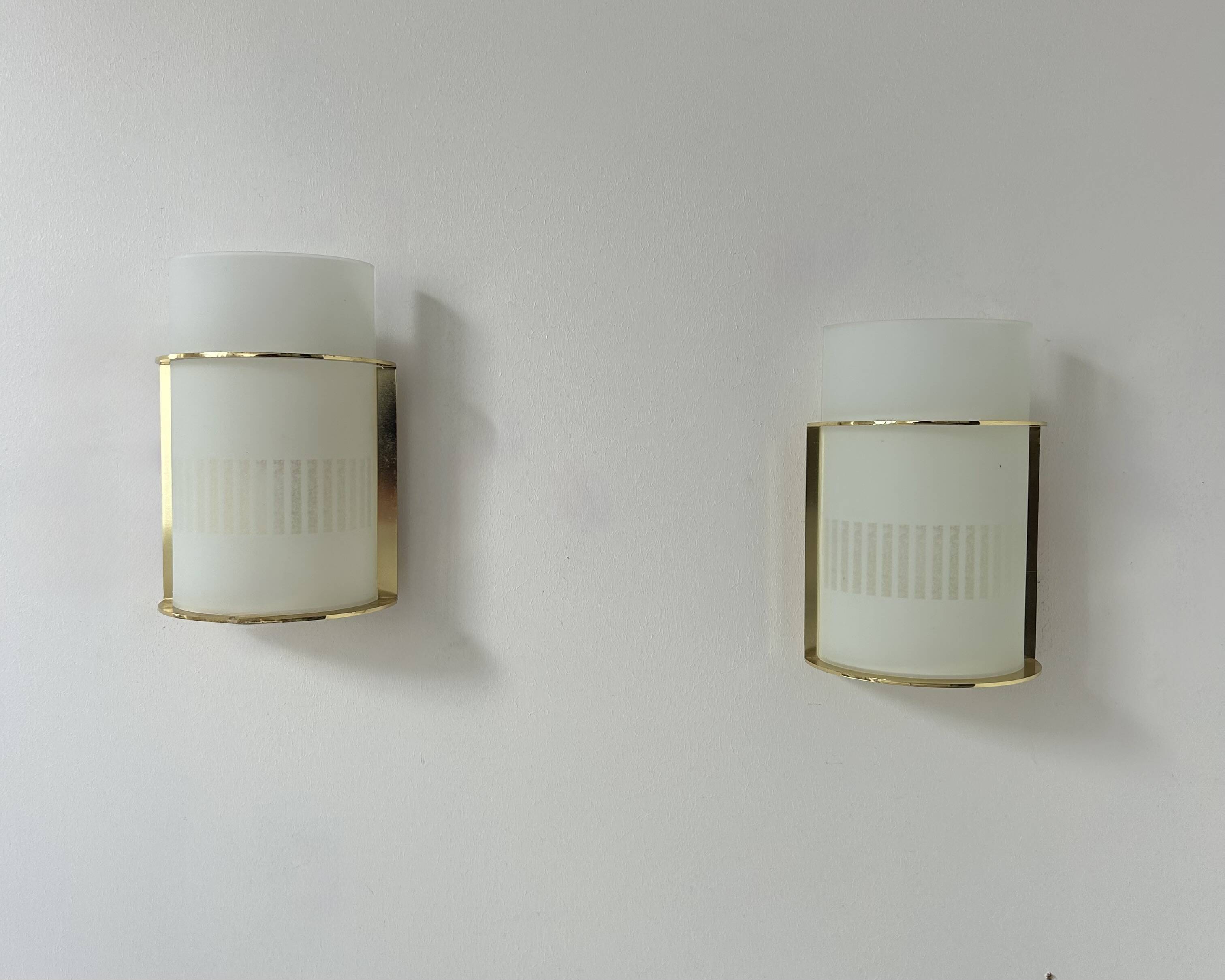 Pair of vintage brass and sandblasted glass wall lights, France 1970
