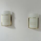 Pair of vintage brass and sandblasted glass wall lights, France 1970