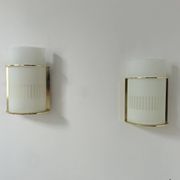 Pair of vintage brass and sandblasted glass wall lights, France 1970