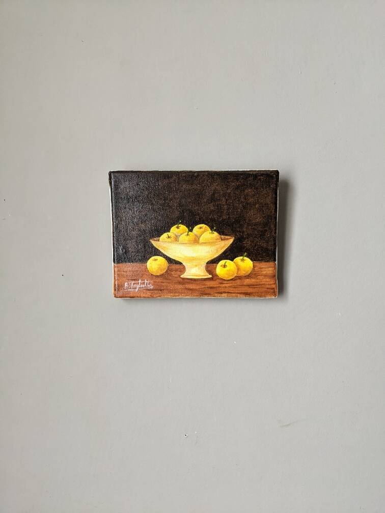 Petit tableau huile sur toile nature morte jaune & marron esprit campagne