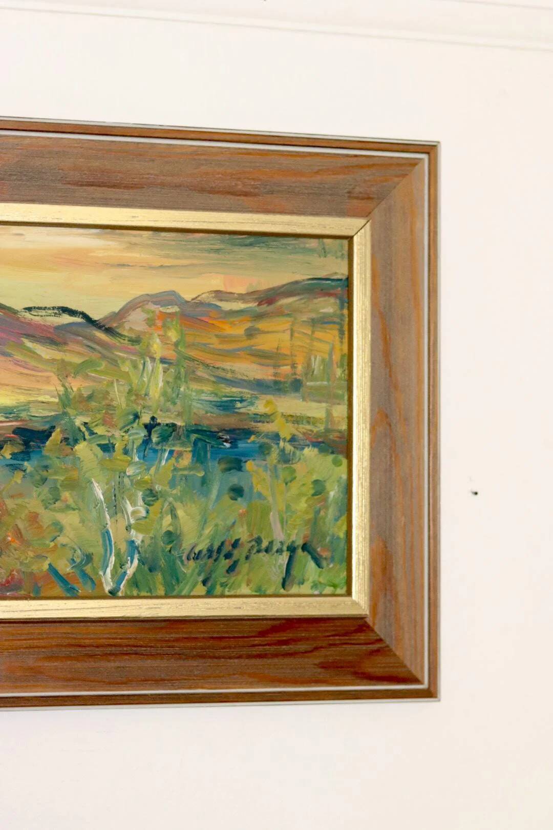 Huile sur panneau suédoise originale « Sunset Mountains »