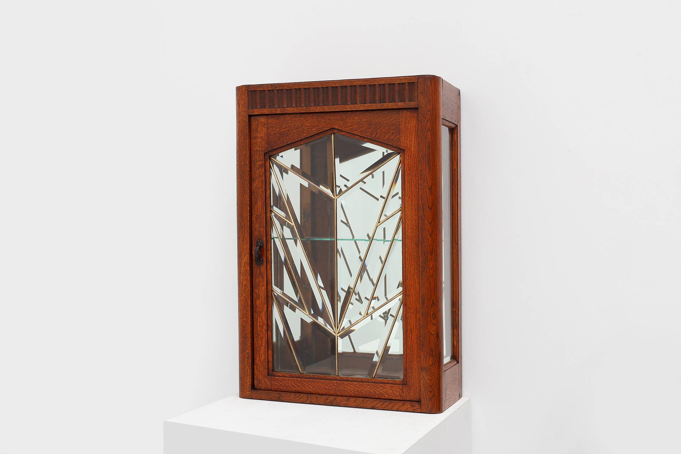 French Art Deco Oak Cabinet with Beveled Leaded Glass, ca. 1920