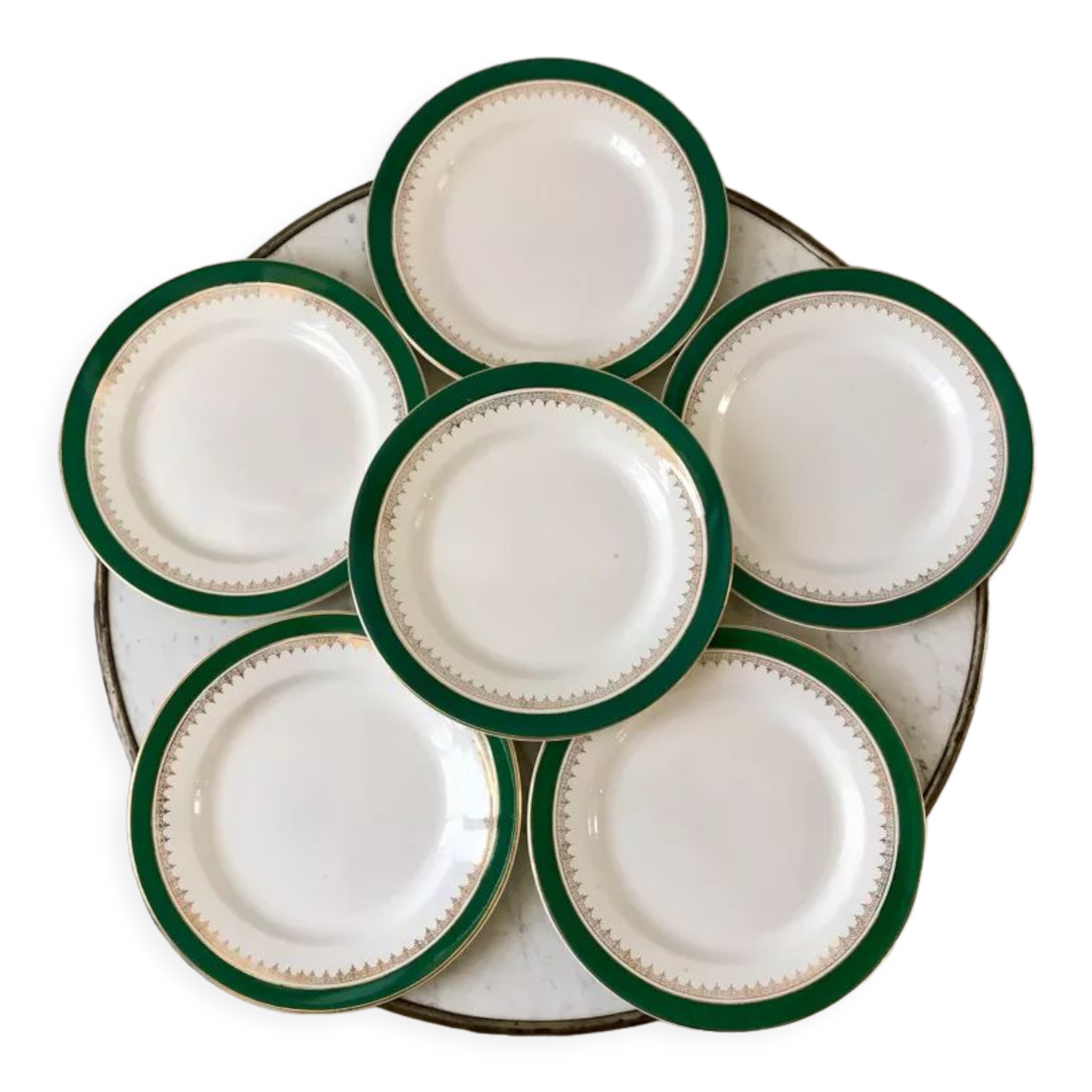 set of 6 flat plates Digoin Sarreguemines model "Martine" green and golden 50s