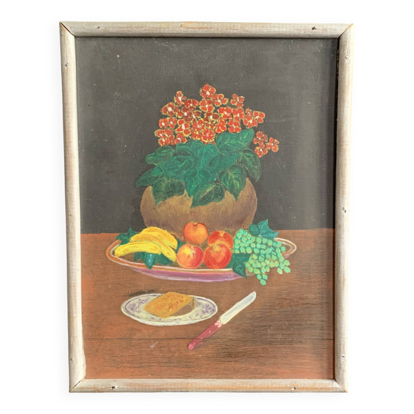 Petit tableau naïf, nature morte des années 50