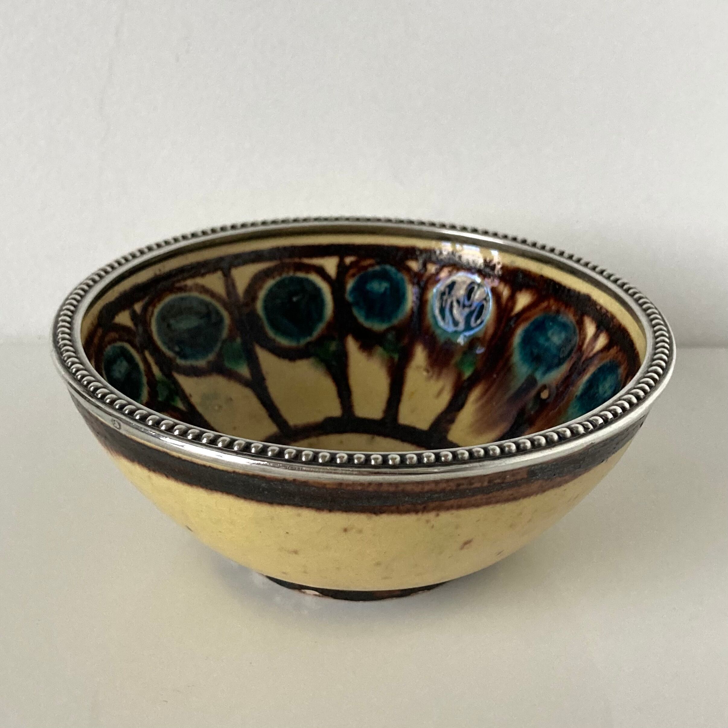 Bowl by René Nicole (1885-1960) in glazed terracotta and silver frame Art Deco period
