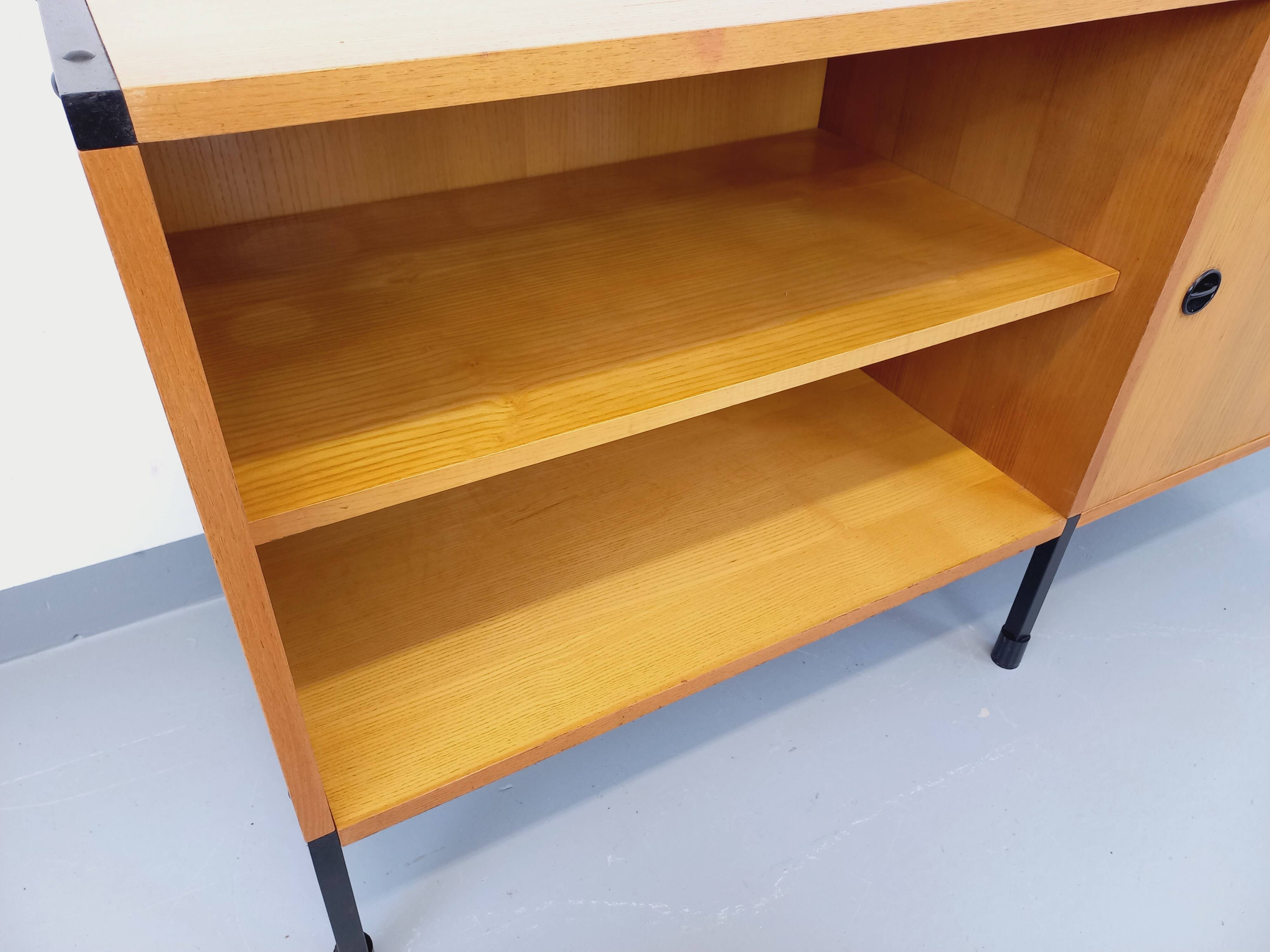 Vintage ARP Minvielle sideboard by Guariche Mortier Motte in light wood and black metal