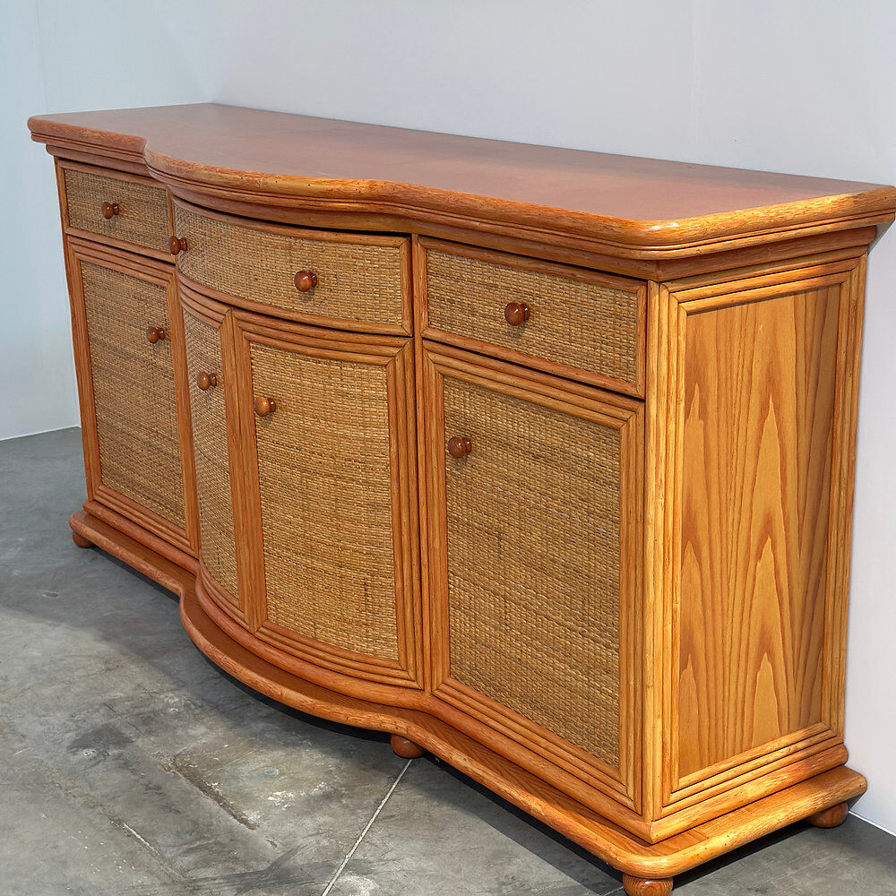 Vintage rattan & wood orange curved sideboard, 1980s