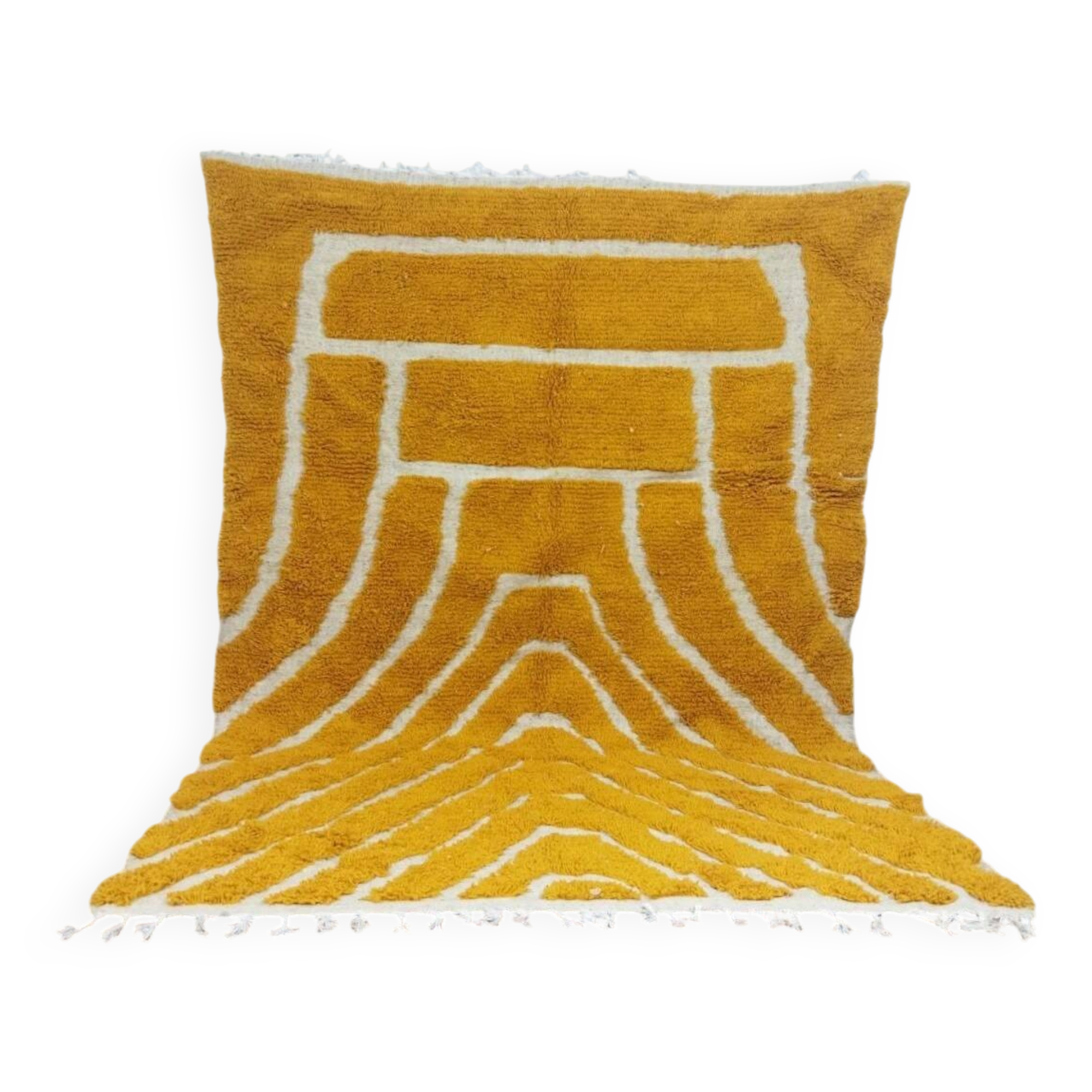 Large Moroccan Berber rug in mustard yellow and ecru, 293 x 200 cm.