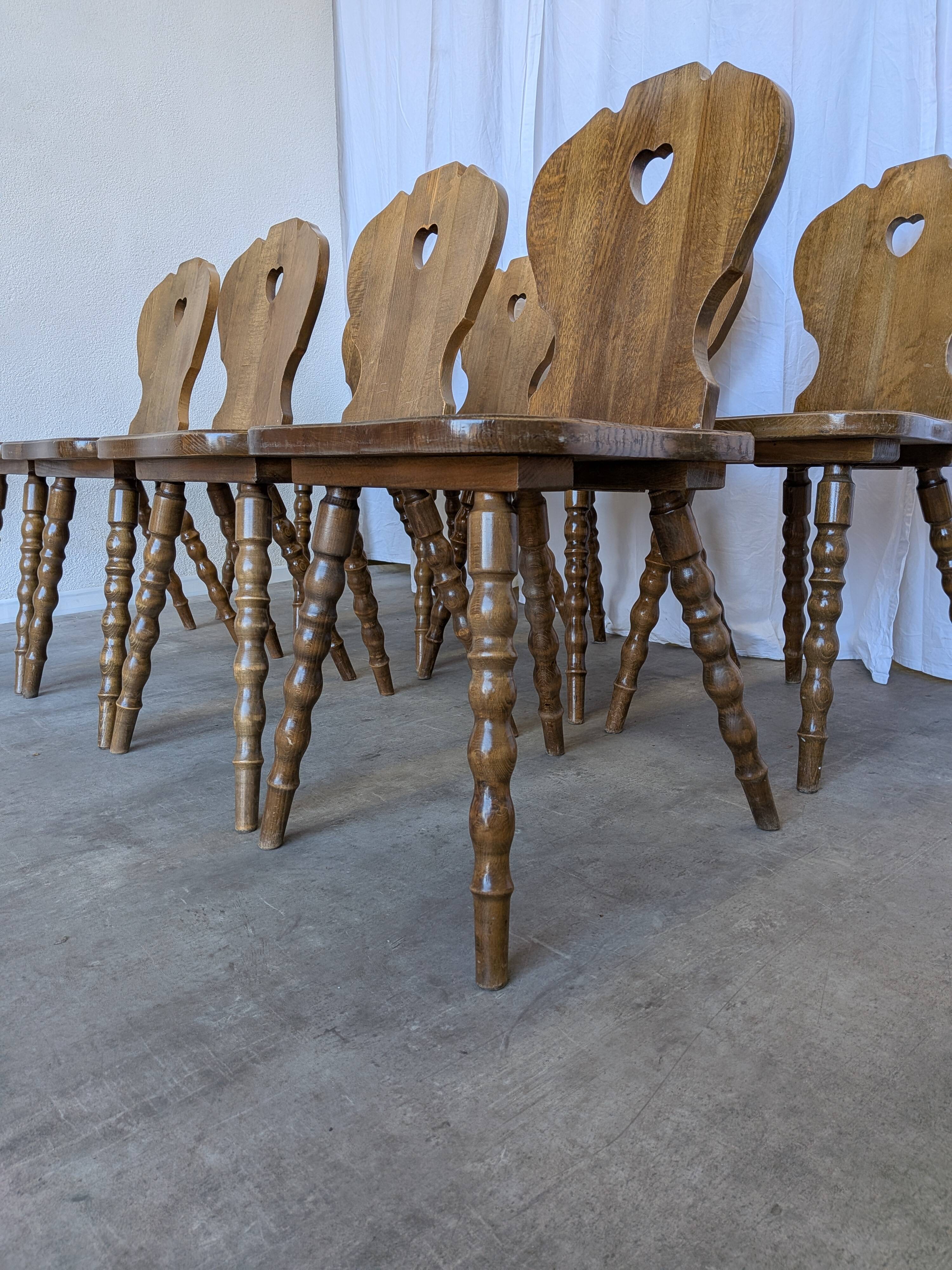 Set of 8 Vintage Tyrolean Heart Cutout Wooden Dining Chairs / Darker Brown