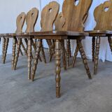 Set of 8 Vintage Tyrolean Heart Cutout Wooden Dining Chairs / Darker Brown