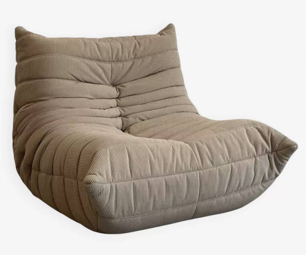Beige velvet Togo armchair by Michel Ducaroy